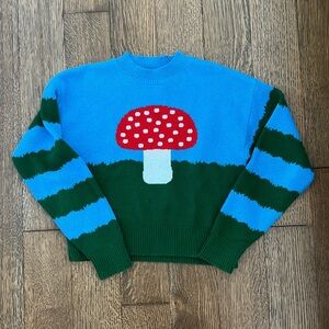 Zara Mushroom Graphic Sweater in Blue and Green Size Small